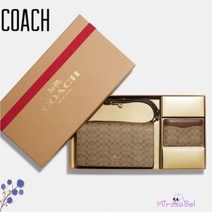 New COACH Boxed Anna Foldover Clutch Xbody Card Case Set Signature Canvas